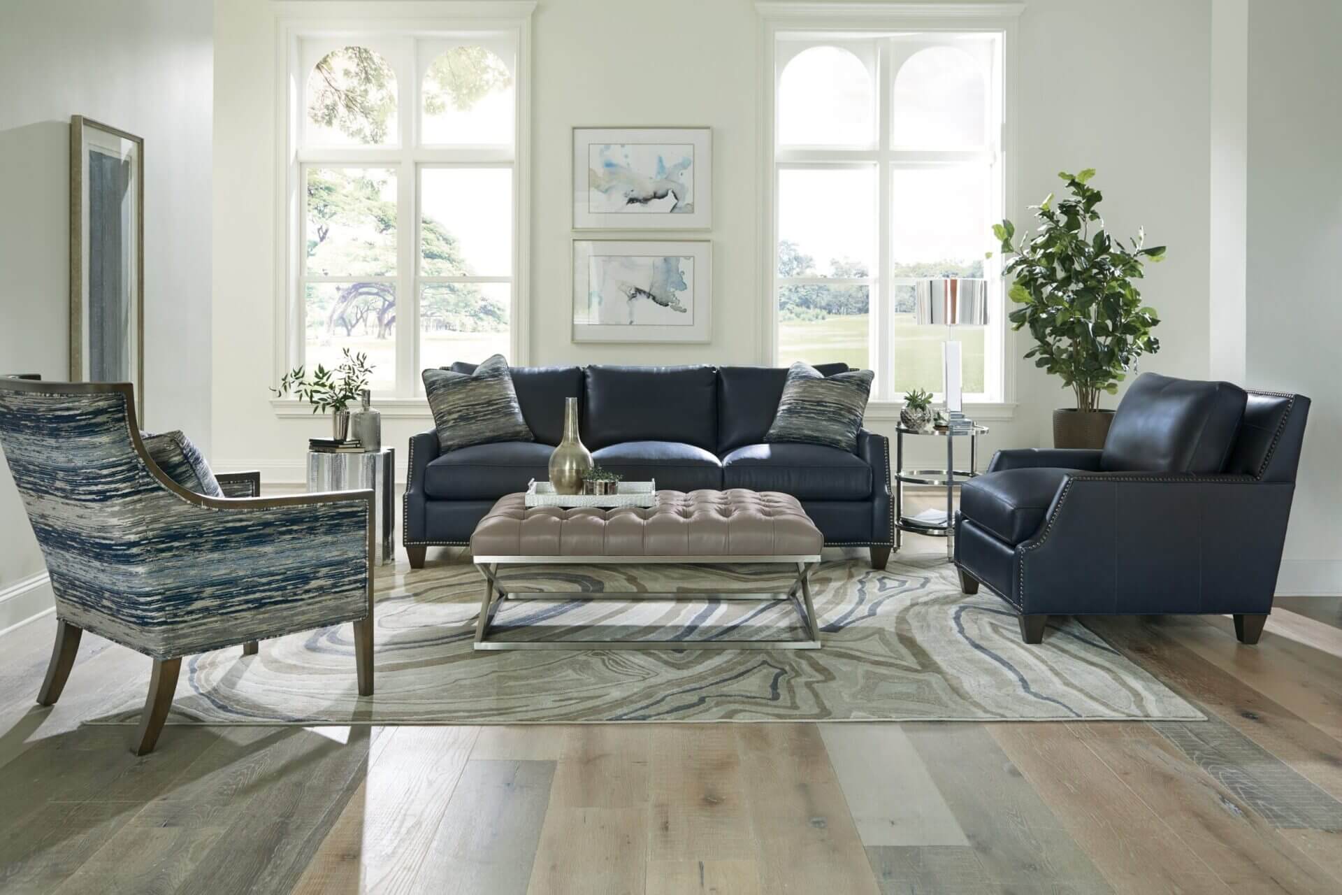 Navy leather living room furniture at Home Accents II